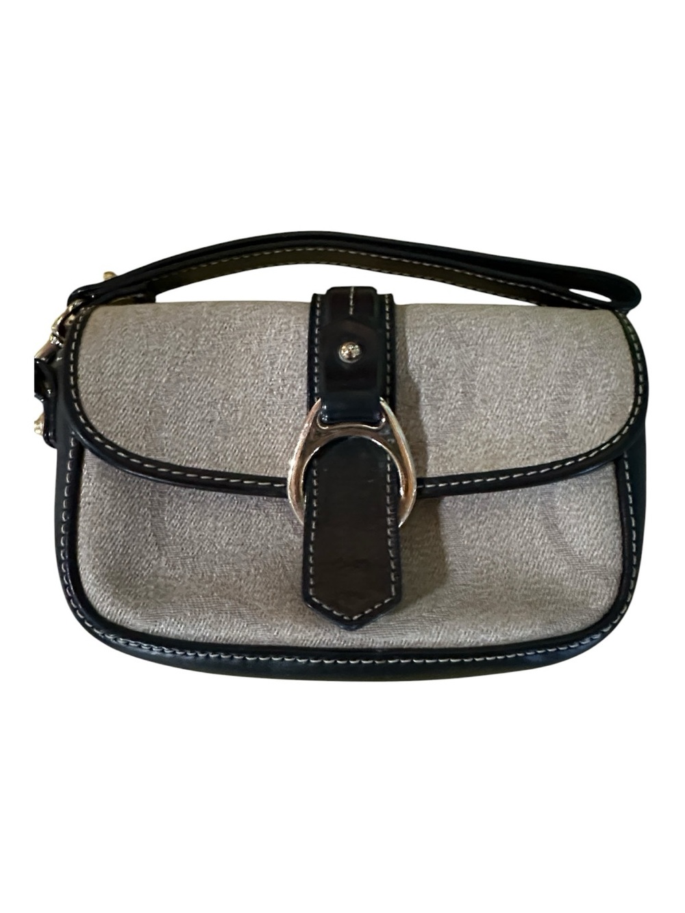 Dooney & Bourke Vintage Tan Canvas Flap Wristlet Black Leather Trim,
